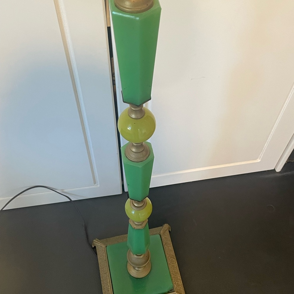 Antique c1920 Art Deco Green & Yellow Onyx & Brass Floor Lamp Square Base